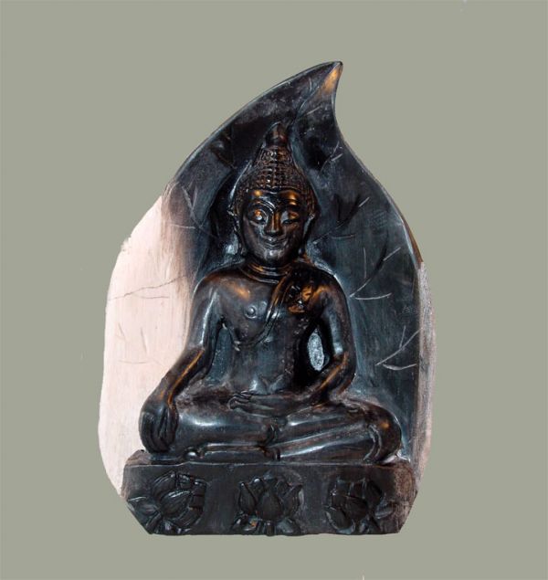 Traditional Sukhothai Buddha With  "Earth  Witness"  Mudra, Backed on a Bodi Leaf