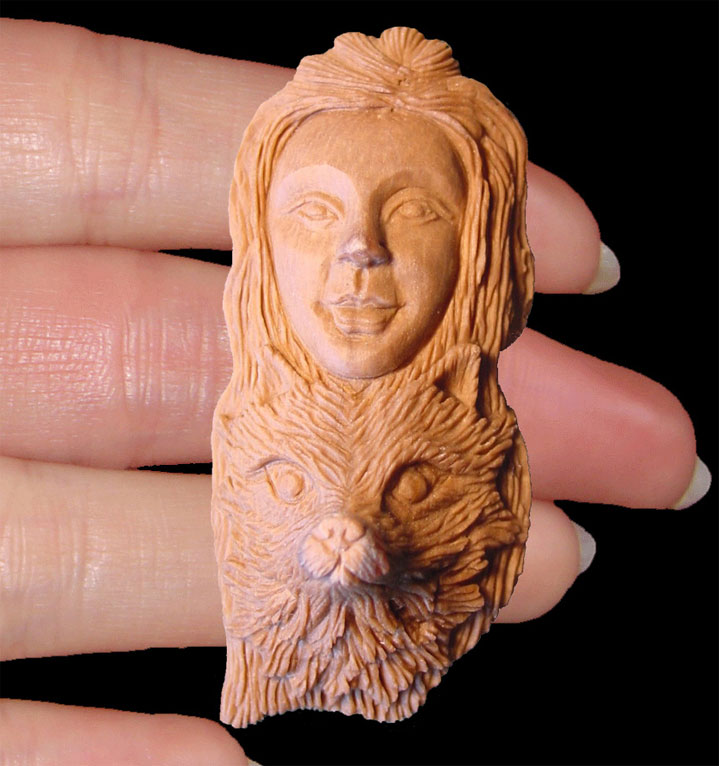 Trendy Cameo: American Indian Woman Face Over Wolf Face